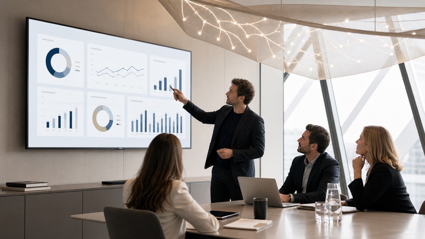 Equipe de direction en revue d'un dashboard sur grand ecran
