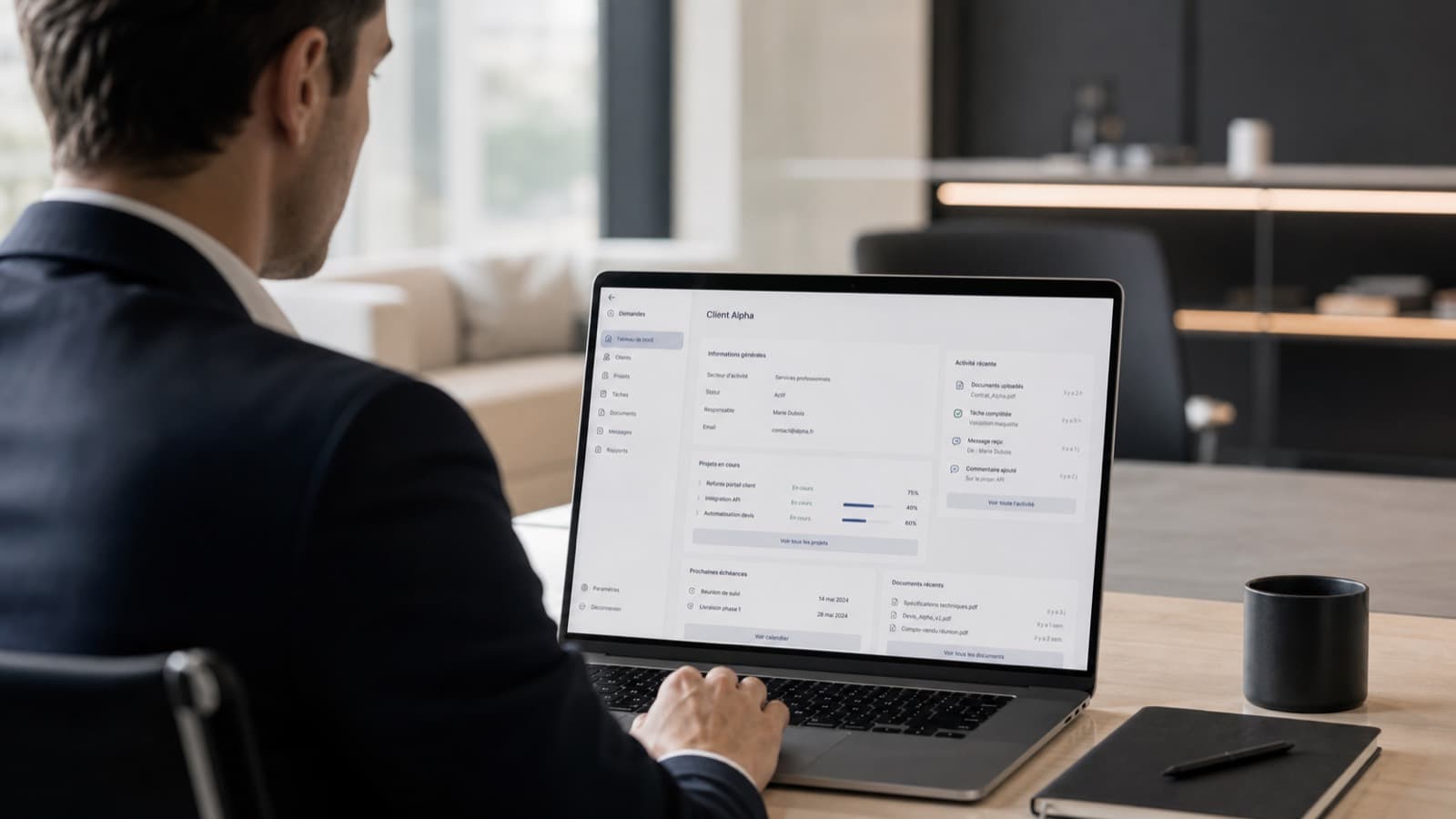 Utilisation d'un CRM ou portail client sur mesure dans un environnement professionnel calme