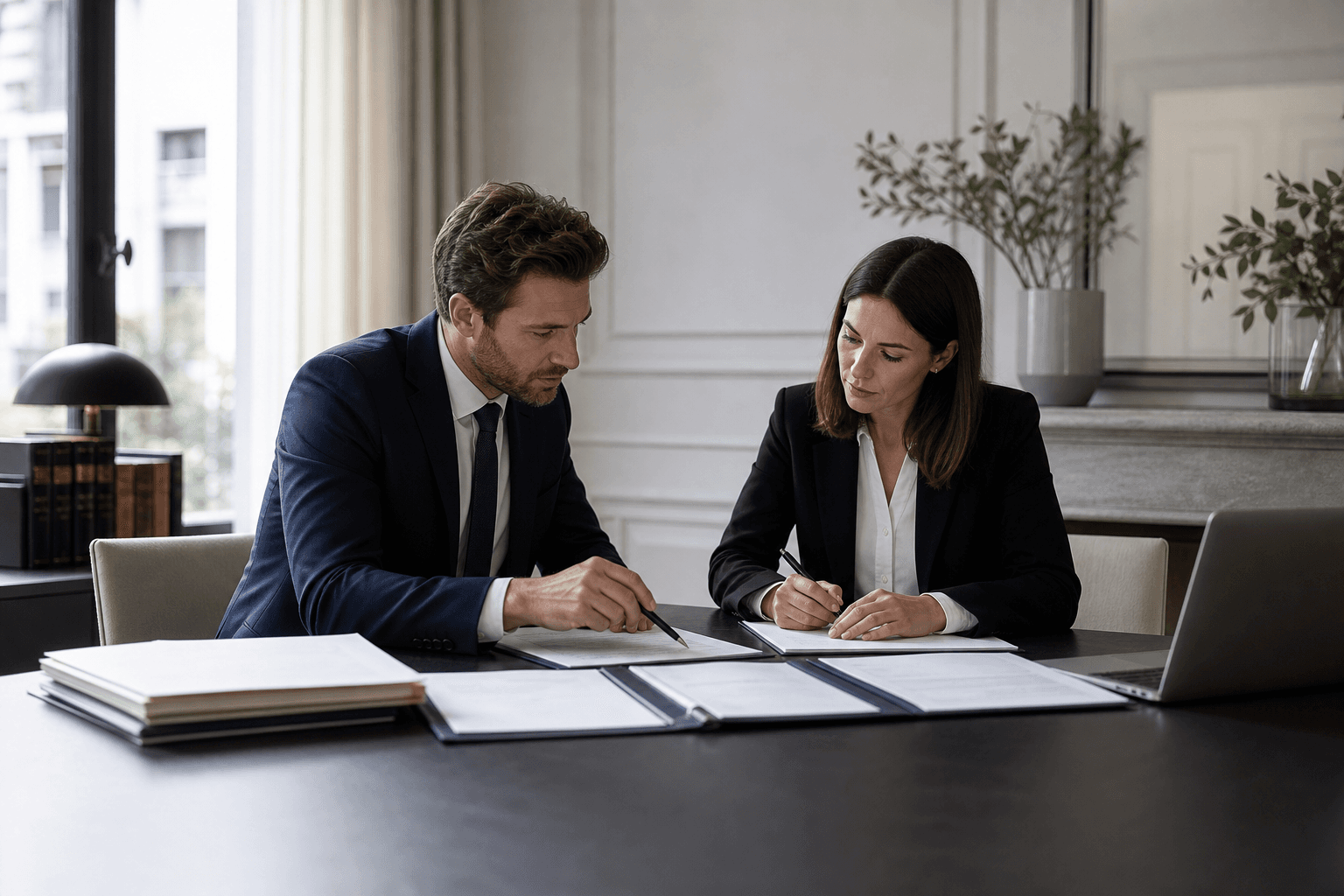 Professionnels préparant des formalités d'entreprise autour de documents juridiques