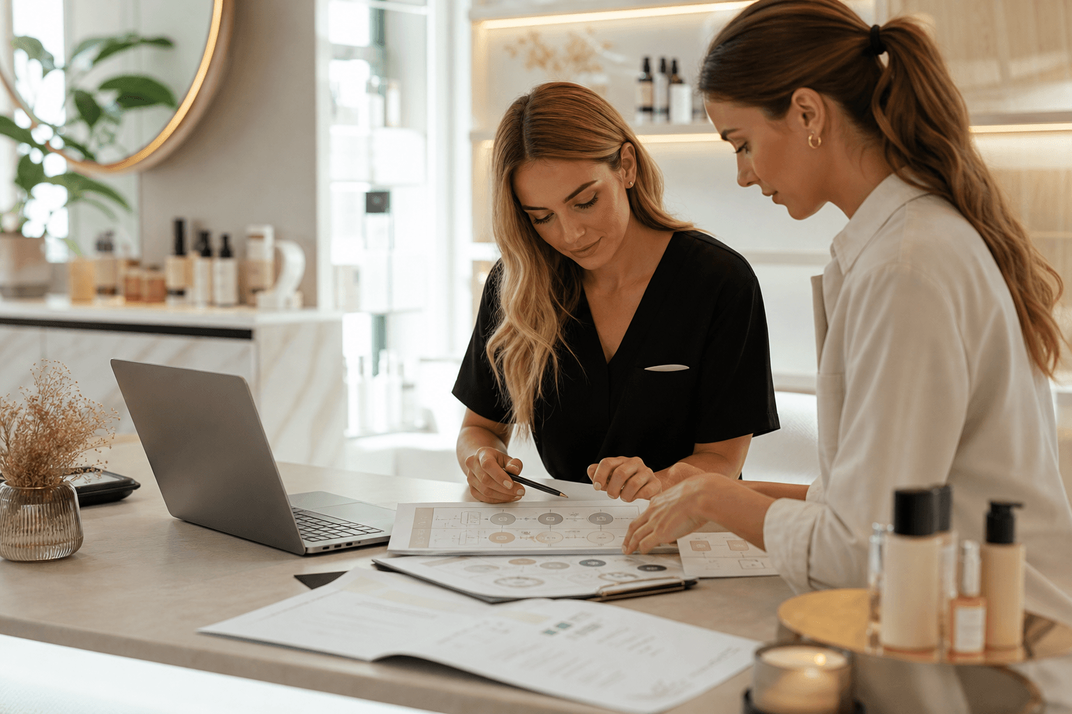 Equipe d'institut analysant le suivi de fidelisation client autour d'un poste de travail
