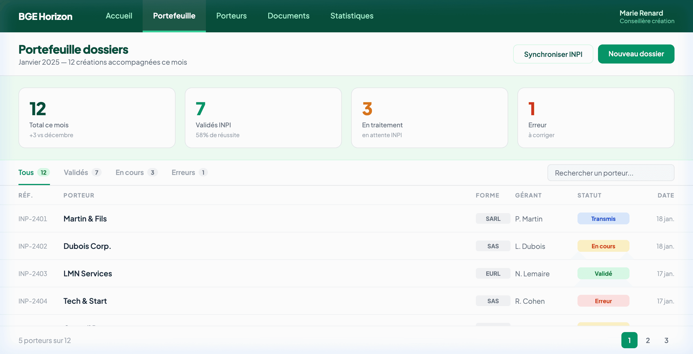 Interface structure d'accompagnement — Portefeuille de dossiers