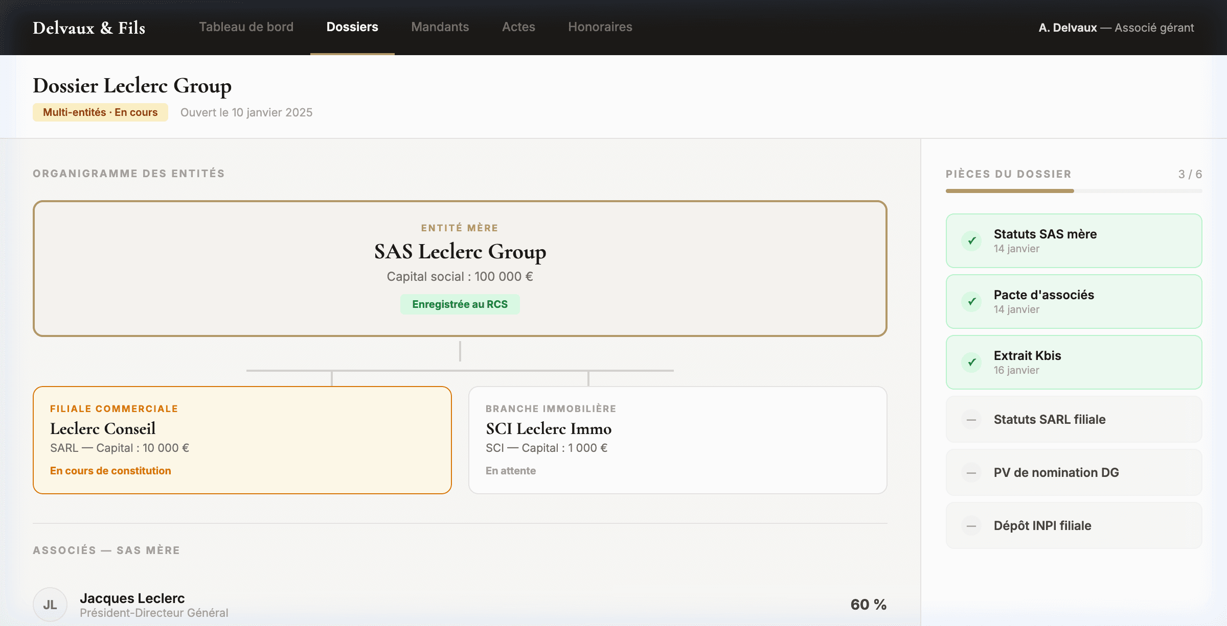 Interface cabinet d'affaires — Dossier multi-entités