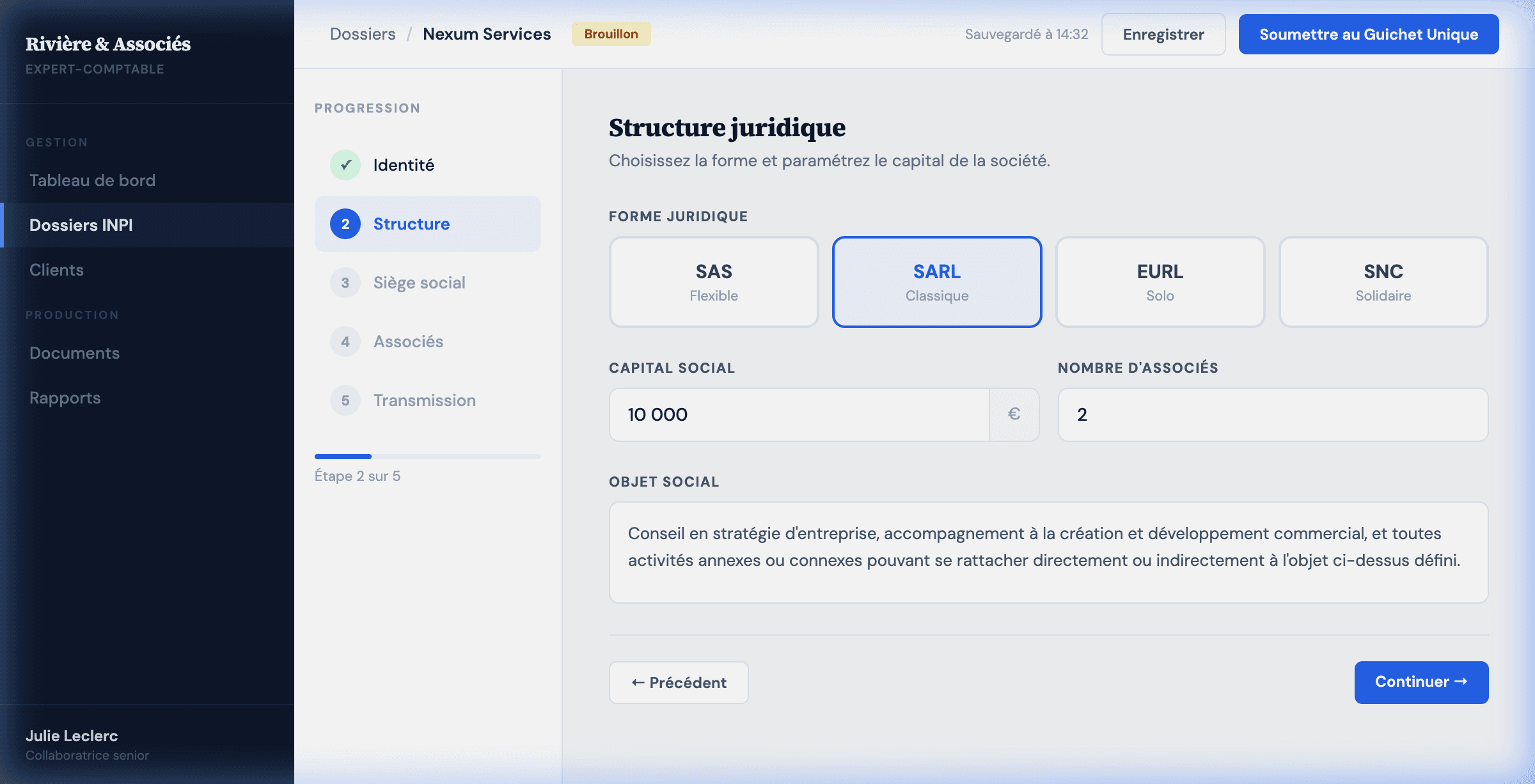 Interface cabinet comptable — Wizard de création de société