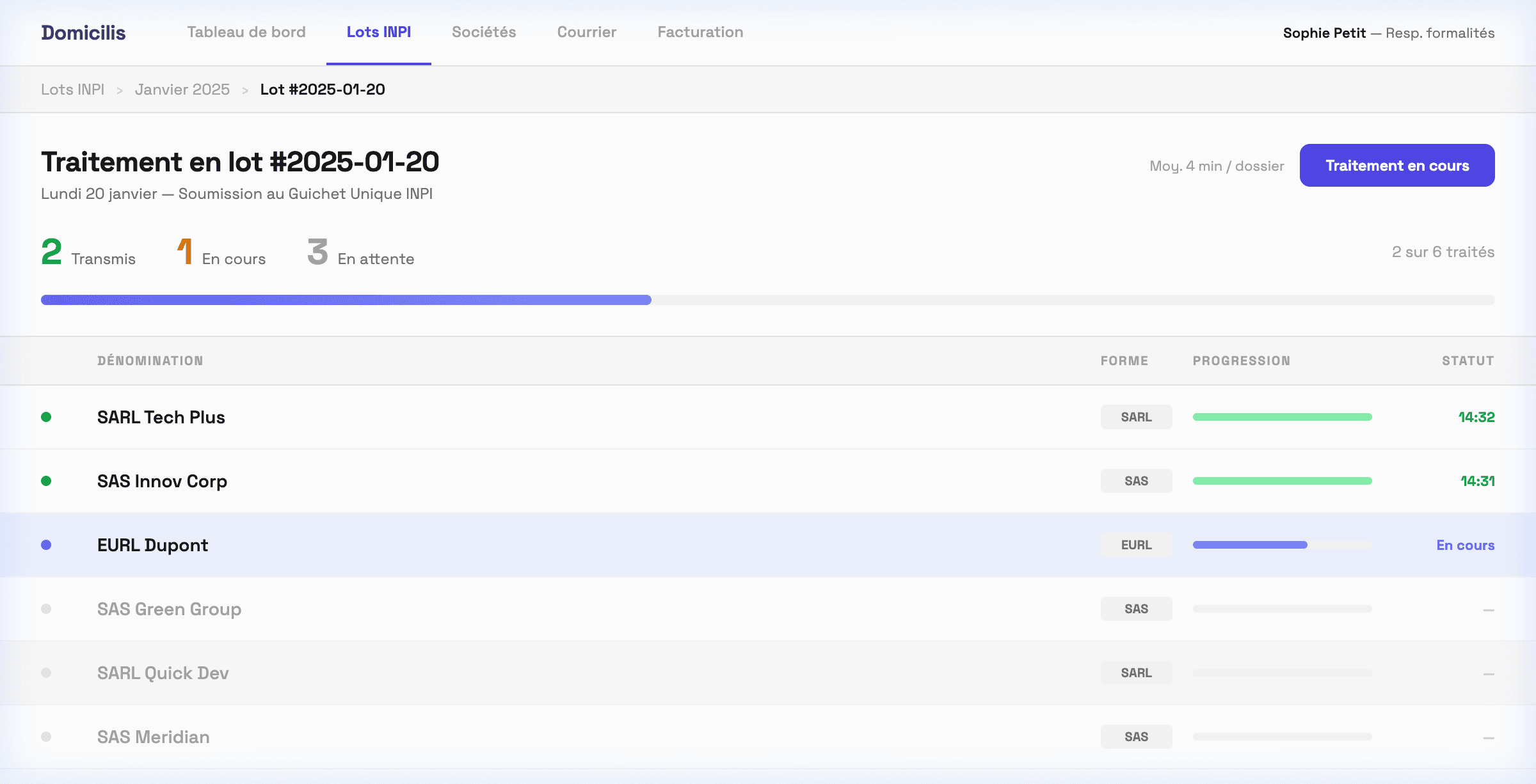 Interface cabinet de domiciliation — Traitement en lot